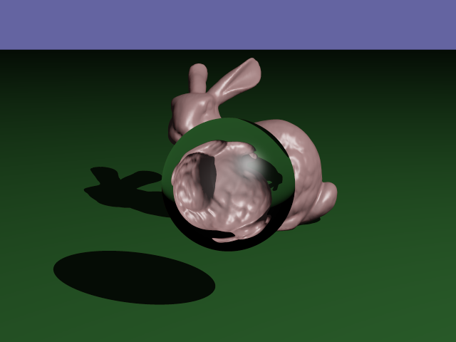 rendering of Stanford Bunny behind a glass sphere
