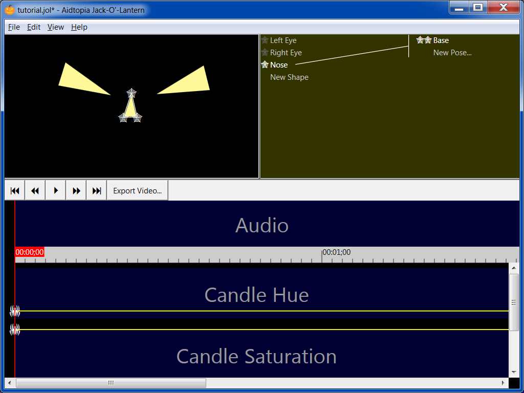 the face now has two eyes and a nose, all three shapes have been named in the shape pane, and the JOL has been saved to a file named &ldquo;tutorial.jol&rdquo;