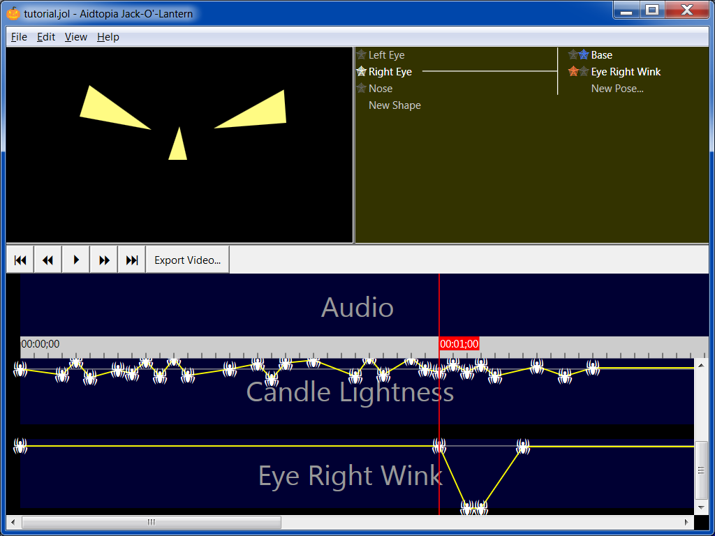 the Eye Right Wink track shows a quick wink of the right eye at 1 second into the animation